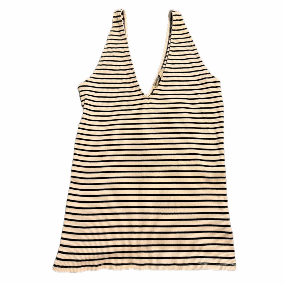 Express Cream and Black Striped V-Neck Ribbed Tank Top